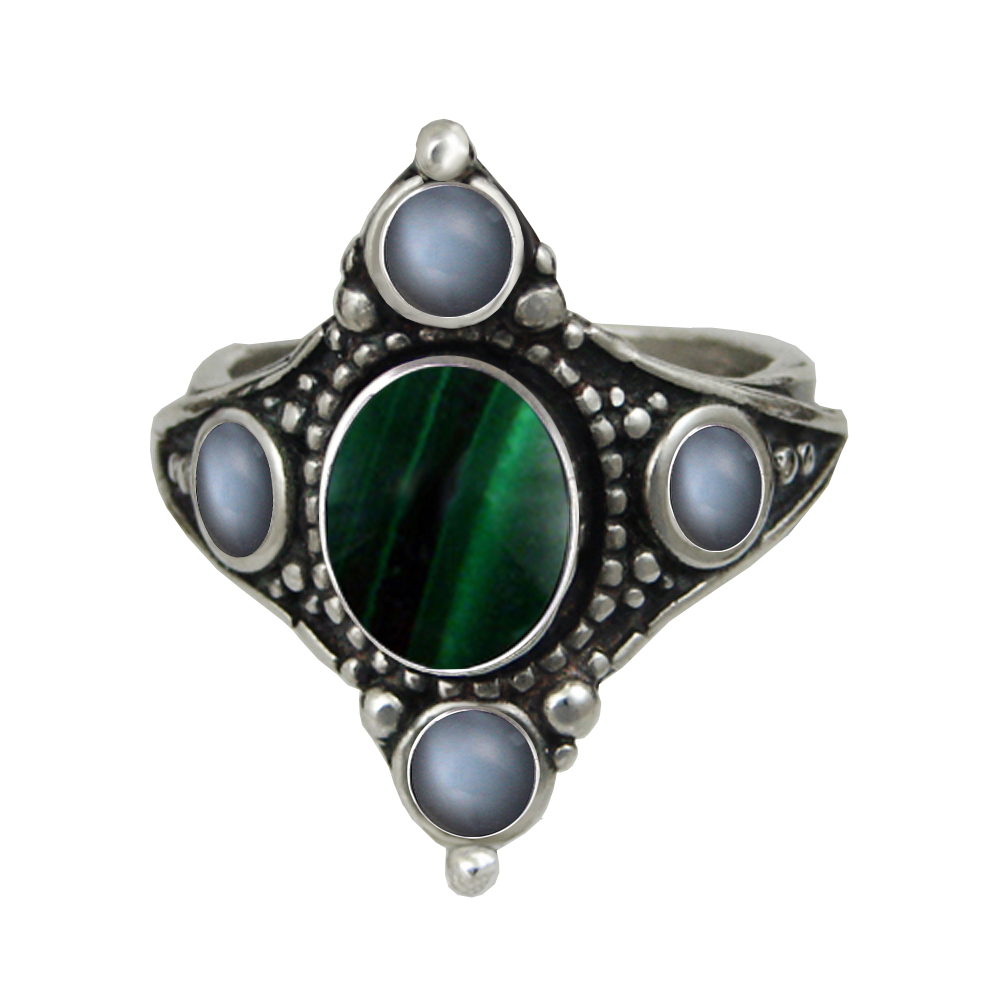 Sterling Silver Renaissance Queen's Ring With Malachite And Grey Moonstone Size 9
